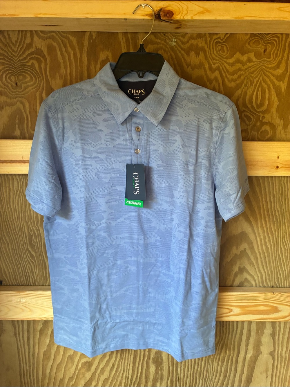 Chaps Light Blue Performance Polo with Subtle Camo Texture